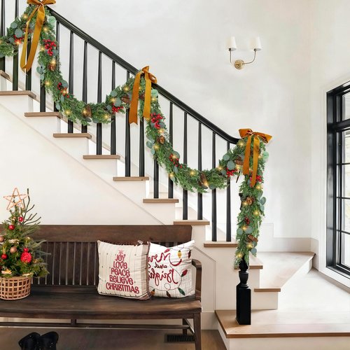 6ft Christmas Garland with Lights Artificial Cedar Cypress Garland with Pine Cones Garland for Home Fireplace Wall Indoor Outdoor Holiday Party Decoration