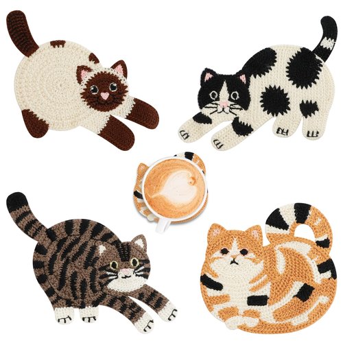 OT-NVWOZR Cute Cat Coasters for Desk, Funny Woven Coaster for Decoration, Creative Gifts for Cat Lovers, Crochet Insulation Knitted Coasters for Coffee Tea Table Desktop Protection (4, Style B)