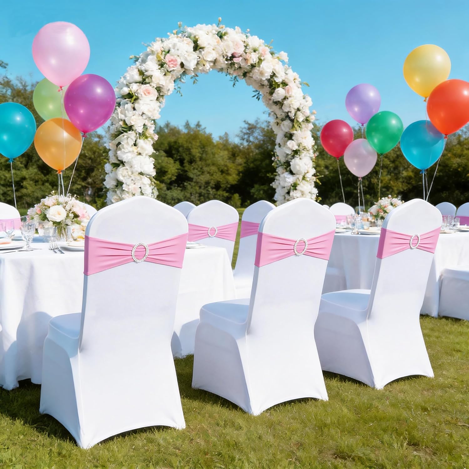 Skiennix Spandex Chair Sashes - Pack of 50 Pink Elastic Bands for Weddings & Events