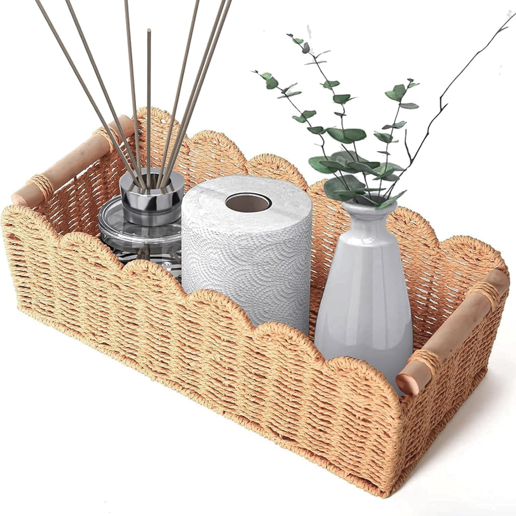Scalloped Organizer Basket - Hand Woven Paper Rope Toilet Tank Storage with Wooden Handle | 14.2 x 6.5 x 5 Inches