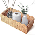 Scalloped Organizer Basket - Hand Woven Paper Rope Toilet Tank Storage with Wooden Handle | 14.2 x 6.5 x 5 Inches