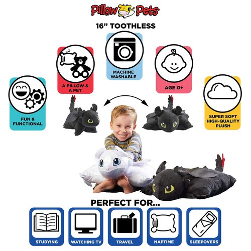 Pillow Pets 16 inch How to Train Your Dragon Toothless Stuffed Animal, NBCUniversal Plush Toy Gift for Kids