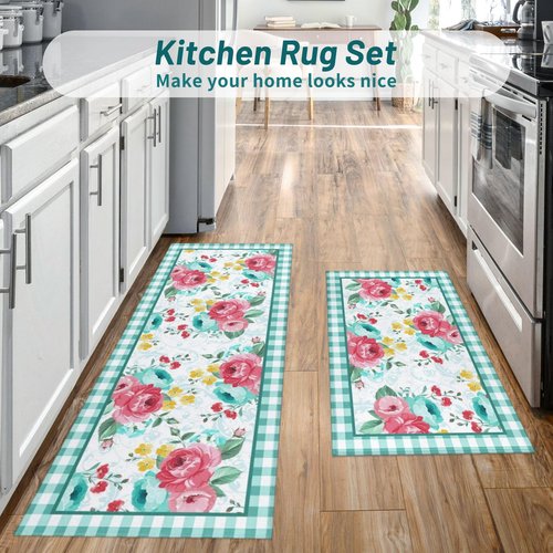 Mofvugz Red Teal Floral Kitchen Rugs and Mats Non-Skid Washable for Floor, Floral Teal Kitchen Decor and Accessories Kitchen Mat Set of 3, 17"x30"+17"x47"+17"x59"