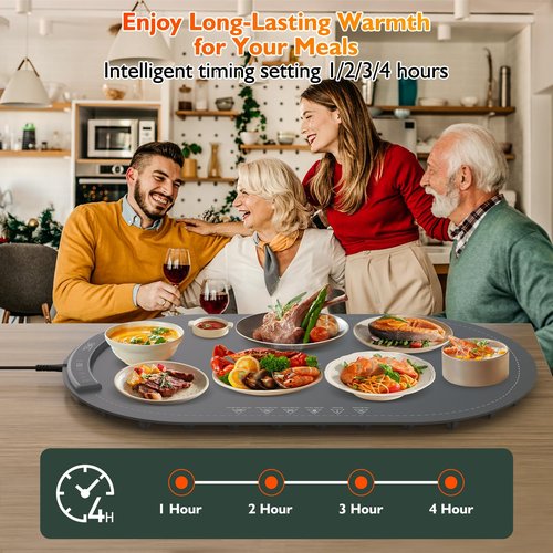 Warming Mat for Food, 6 Dish Buffet Electric Warmer Tray with 8 Adjustable Temperature (104°F-230°F), 1-4 Hour Timer, Child Safety Lock, Flexible Food-Grade Silicone- Easy to Clean & Store Warming Pad