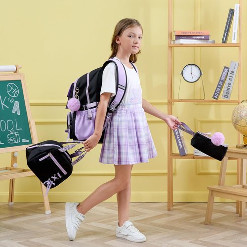 Fimibuke Girls Backpack Set - 3 PCS Waterproof Design with Lunch Box & Pencil Case | Ideal for School & Travel