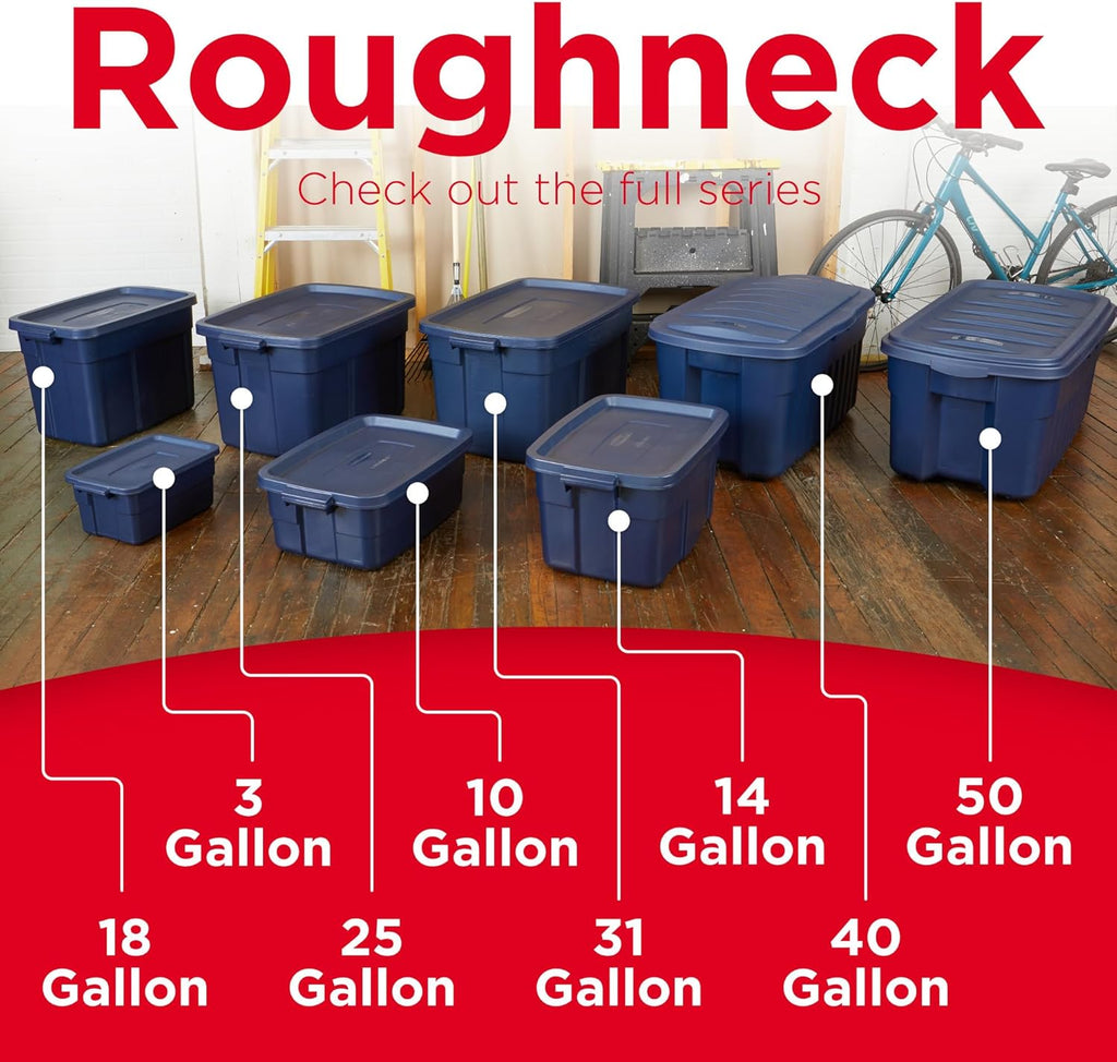 Rubbermaid Roughneck 18 Gal Tote - Rugged Stackable Storage Bins with Lids & Handles | Dark Indigo Metallic, 6 Pack