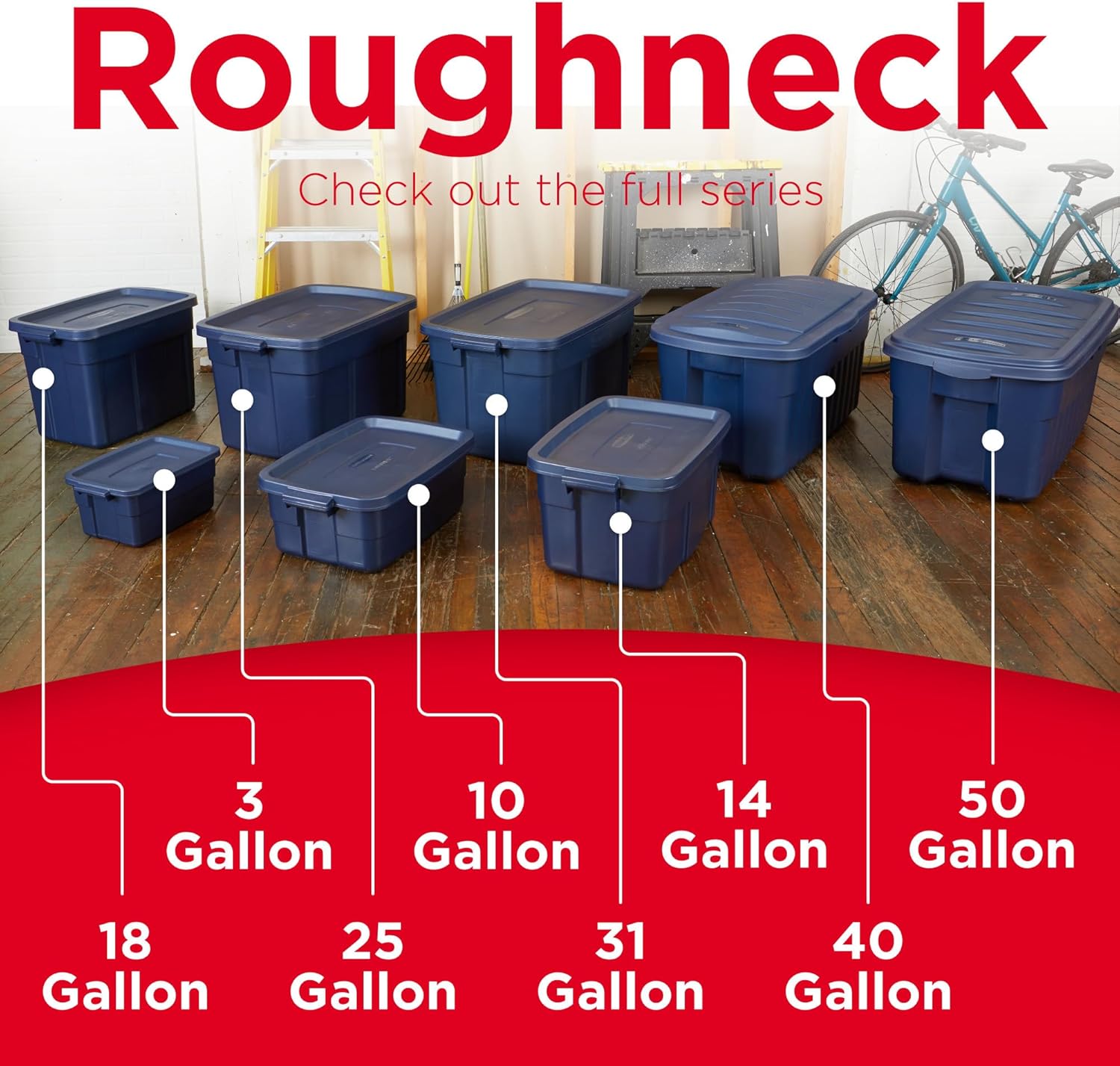 Rubbermaid Roughneck 18 Gal Tote - Rugged Stackable Storage Bins with Lids & Handles | Dark Indigo Metallic, 6 Pack