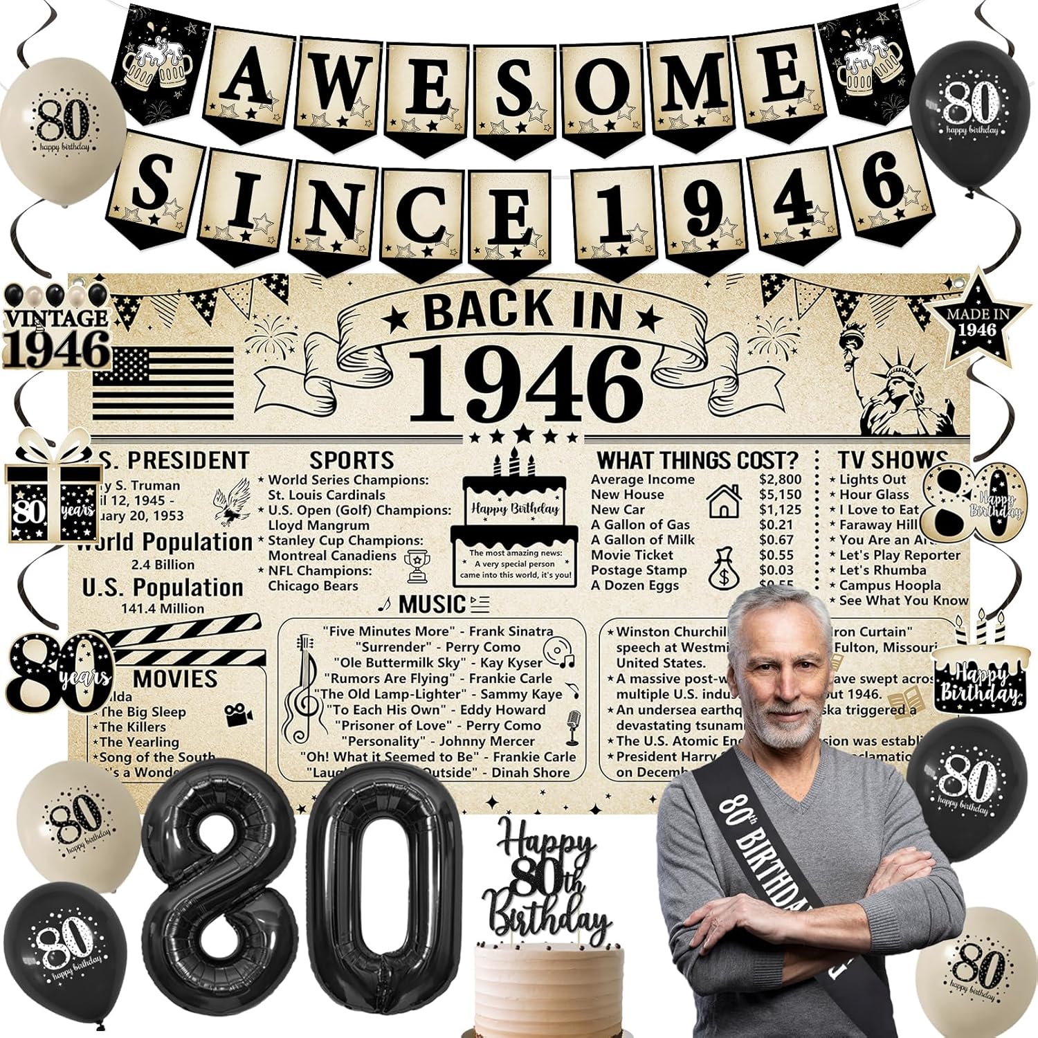 Trgowaul Vintage 80th Birthday Decorations - 1946 Party Supplies, Banner, Sash & Cake Topper Set