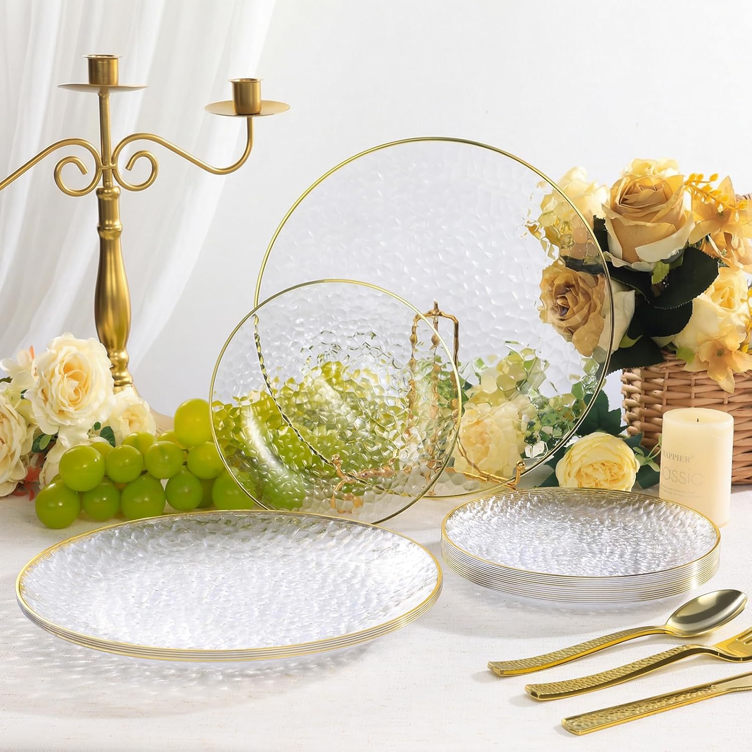 Regine Switzerland Crystal Clear Plastic Plates - Elegant Gold Rim Disposable Dinnerware Set | 50 Pcs (25 Dinner & 25 Salad Plates) for Weddings & Parties
