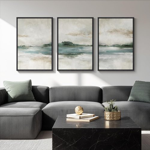 Large Framed Abstract Nature Landscape Wall Art - Set of 3 Modern Canvas Prints | 24x36 Inch Green Lake Decor