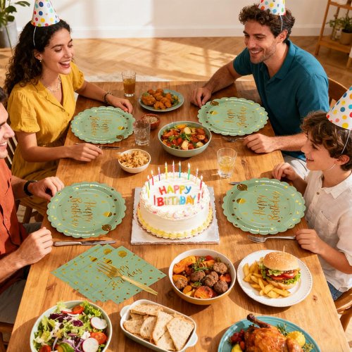 48PCS Happy Birthday Plates and Napkins Party Supplies-Disposable Sagegreen and Gold Birthday Scalloped Cake Plates and Napkins with Forks Tableware Set for Birthday Party Decorations 16 Guests