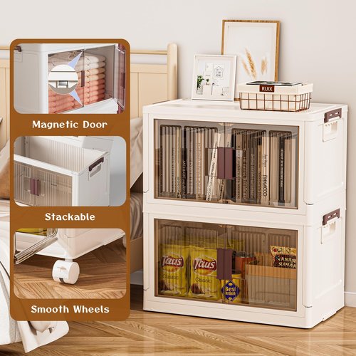 Rimulux 60GAL/240QT 4 tier large stackable storage bins with lid and wheels, collapsible storage bins plastic with doors，suit for clothes, closet, home and office