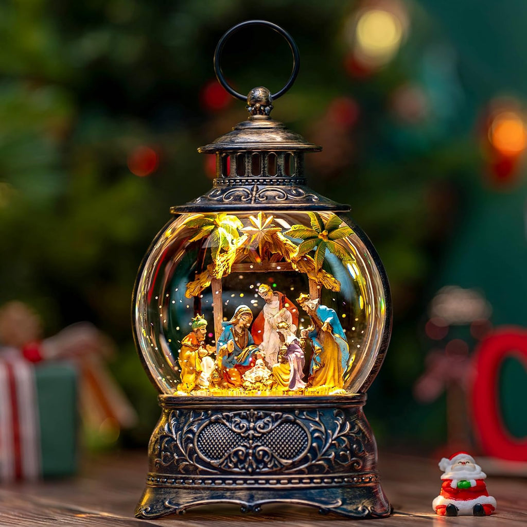Skiennix Christmas Snow Globe Lantern - Musical Holy Family Nativity Scene | 6-Hour Timer, USB & Battery Operated