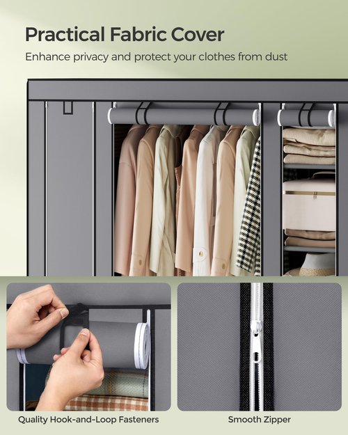 SONGMICS Closet Wardrobe, Portable Closet for Bedroom, Clothes Rail with Non-Woven Fabric Cover, Clothes Storage Organizer, 59 x 17.7 x 69 Inches, 12 Compartments, Gray ULSF03G