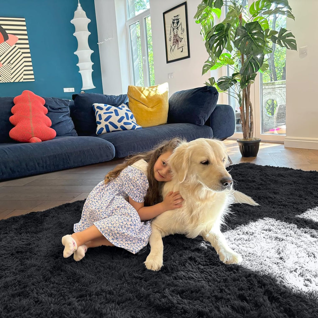 OLANLY 6x6 Area Rug - Soft, Fluffy Shaggy Design | Machine Washable Indoor Carpet for Kids & Nursery, Black