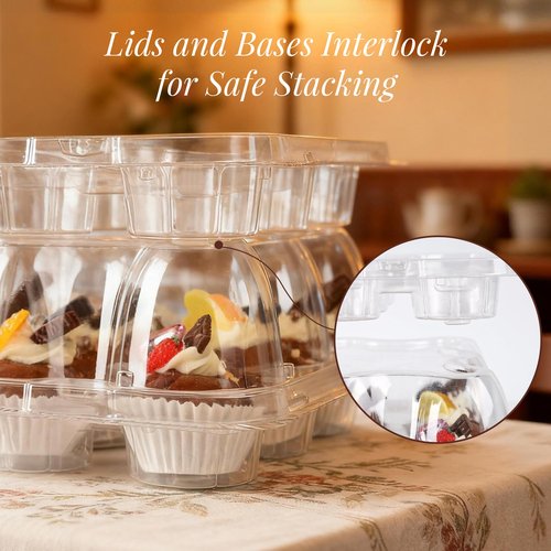 LOKQING 12 Count Mini Cupcake Containers 20 Sets with 240 Pack Cupcakes Liners, Plastic Cupcake Holder, Stackable Mini Cupcake Boxes Carrier, Clear Disposable Cupcake Trays, High Dome