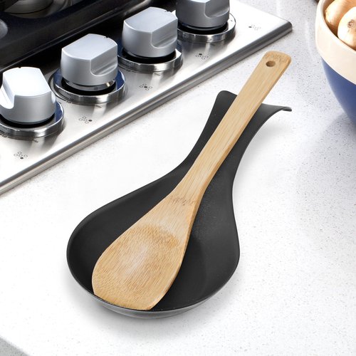 OGGI Stainless Steel Spoon Rest- Long Handle Holds Kitchen Utensils in Place, Great Spoon Rest for Counter, Stove Top, or Coffee Station; Kitchen Accessories, Utensil Rest, Black