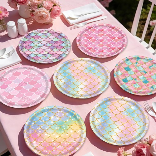 48 Pieces Mermaid Paper Plates Birthday Party Supplies, 7 Inch Mermaid Disposable Plate, Ocean Theme Cake Dessert Plates for Baby Shower Brial Shower Ocean Birthday Party Decorations (6 Designs)