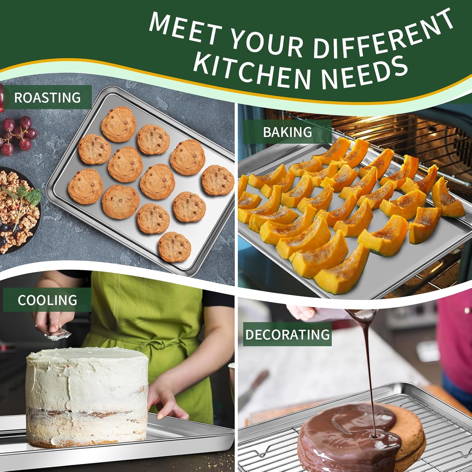 CEKEE Stainless Steel Baking Sheet Set - 2 Quarter Pans with Wire Racks | Non-Toxic, Heavy Duty, Easy Clean - 12 x 10 x 1 Inch