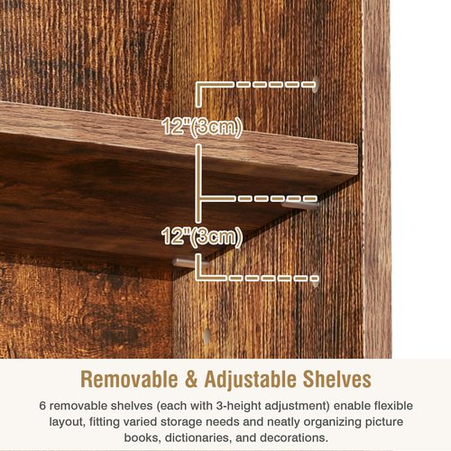 VECELO Space-Saving Tall Narrow Brown Bookshelf - 6 Adjustable Shelves, Elevated Moisture-Proof Base, Slim Storage Organizer for Small Apartments Dorms