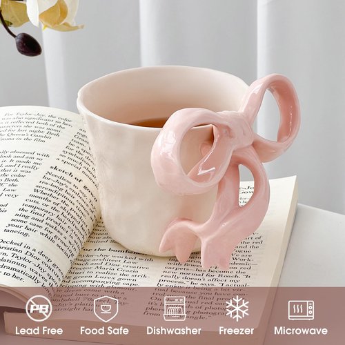 Movlen Pink Ceramic Coffee Mug with Bow Handle, Cute Girly Cup for 14oz, Handmade Kawaii Soup Mug for Latte Tea Milk Cocoa, Pretty Birthday Valentine Gifts for Women and Girls