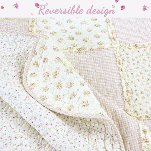 Cozy Line Home Fashions Floral Light Pink True Patchwork 100% Cotton Girl Quilt Bedding Set, Reversible Coverlet Bedspread (Sweet Peach, Twin - 2 Piece)