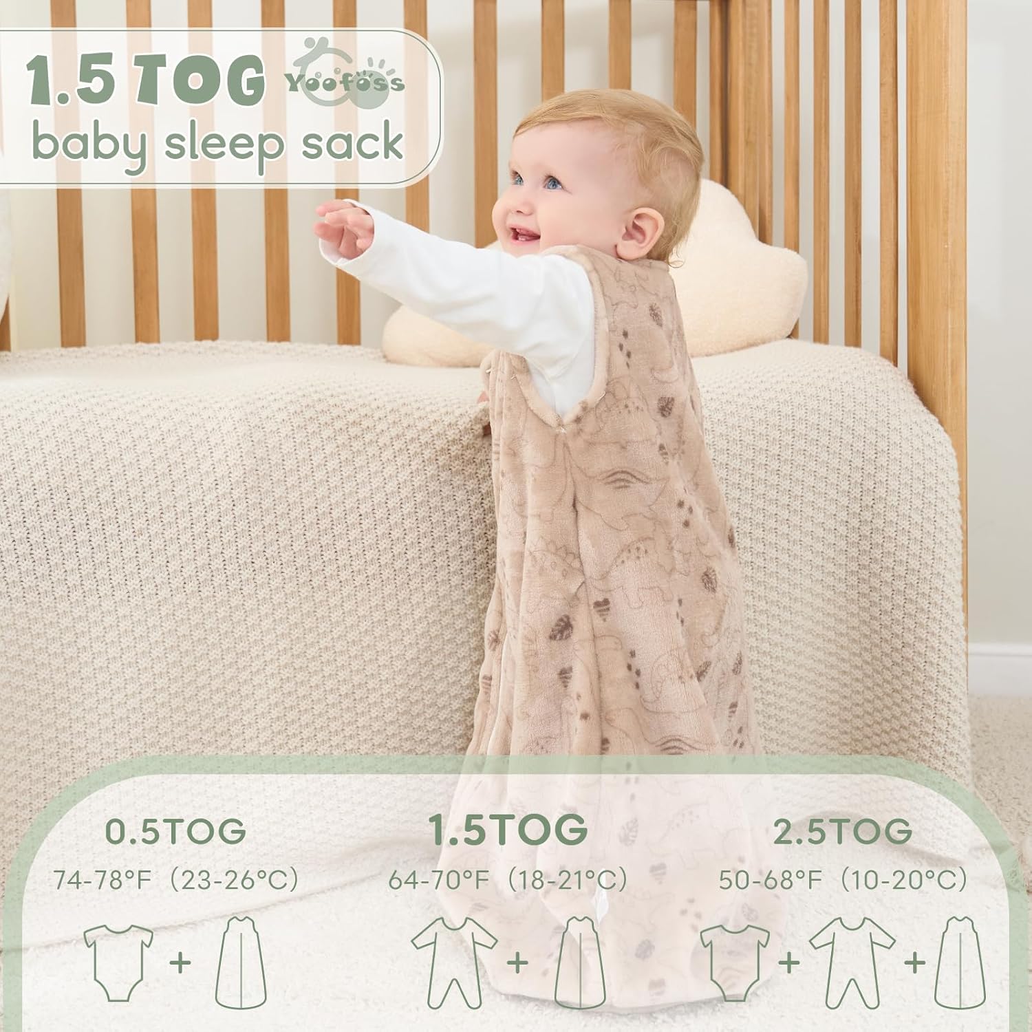 Yoofoss Baby Sleep Sack - 2 Pack 1.5 Tog Fleece Wearable Blanket for 6-12 Months | Soft & Lightweight