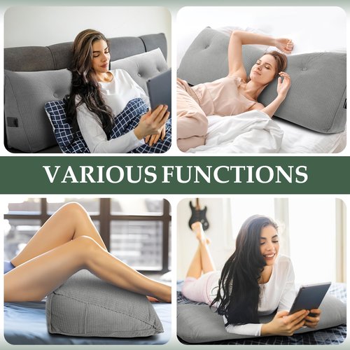 Huatean Home Soft Headboard Pillow Queen Size, Wall Backrest Wedge Pillow Headboard Queen, Reading Backboard Pillows, Large Dorm Daybed Bolster Pillows for Back Support with Removable Cover, Gray
