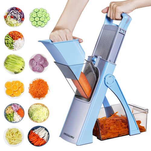 VEGGURU Safer Mandoline Food Slicer, Thickness Adjustable Vegetable Chopper, Onion Slicer Tomato Cutter Dicer, Multifunctional Kitchen Food Fruit