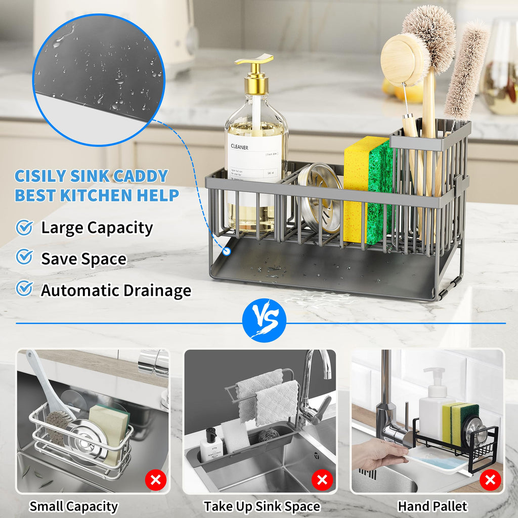 Cisily Sink Caddy Organzier with High Brush Holder, Sponge Holder for Sink, 304 Rustproof Stainless, Kitchen Countertop Soap Dispenser Organizer, Dark Gray Kitchen Decor and Accessories