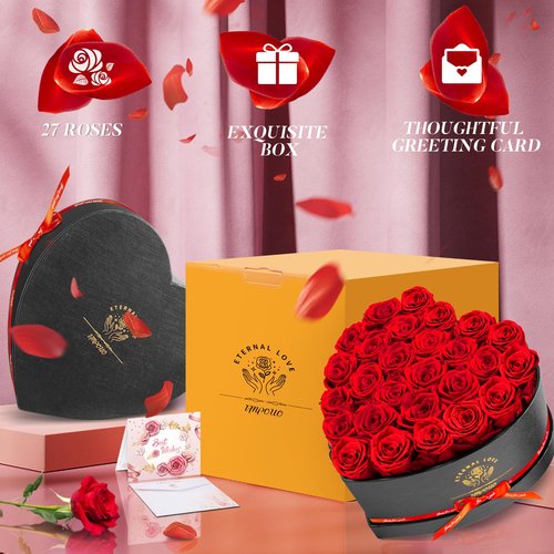 Impouo Preserved Rose in Heart Shape Box, 27 Forever Flowers, Eternal Roses, Birthday Gifts for Women, Wife, Her, Mother's Day -Red