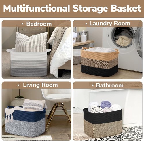 Goodpick Large Woven Basket - 18" x 14" x 12" Cotton Rope Storage for Organizing | Black & Jute Design