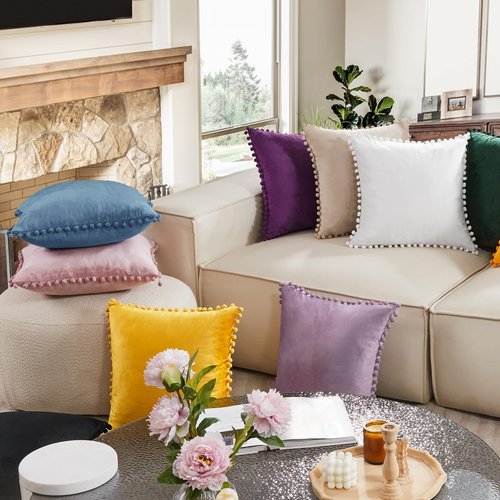 Deconovo Velvet Throw Pillow Covers, Set of 2, Decorative Pom-poms Soft with Invisible Zipper Cover for Sofa,Haze Blue,20x20 Inch