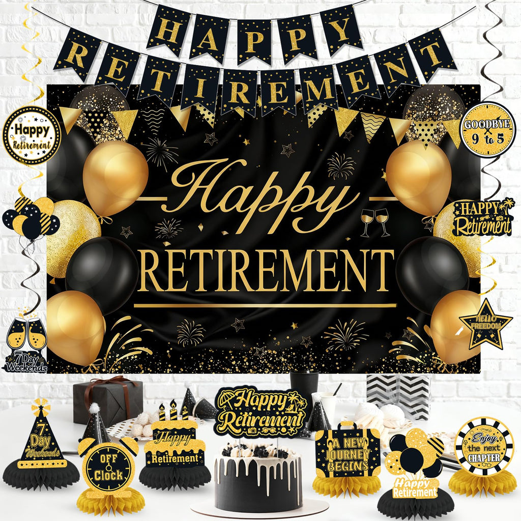 Retirement Party Decorations for Men Women Black Gold Happy Retirement Banner Backdrop Honeycomb Centerpiece Cake Topper Hanging Swirl Set