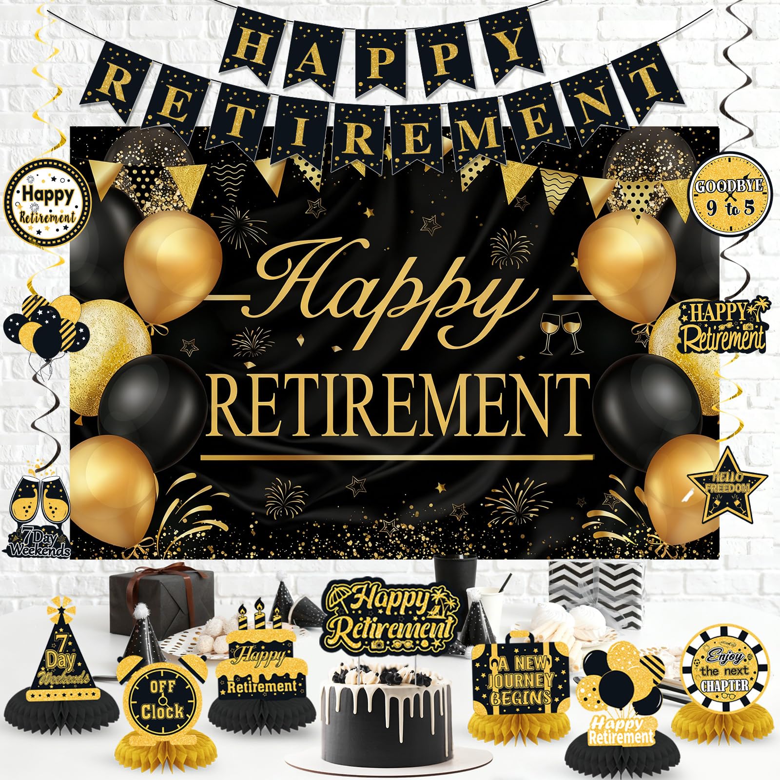 Retirement Party Decorations for Men Women Black Gold Happy Retirement Banner Backdrop Honeycomb Centerpiece Cake Topper Hanging Swirl Set