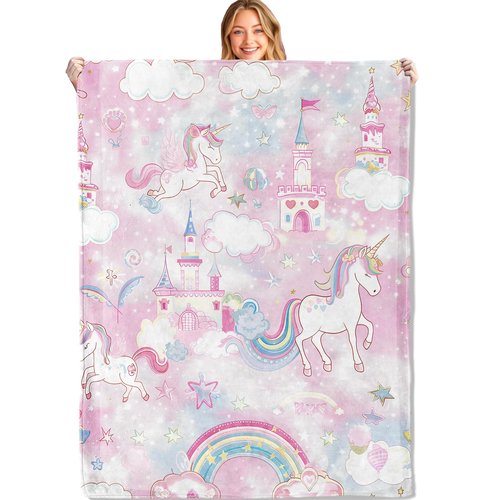 MIEPOS Unicorn Throw Blanket,50x60in,Soft, Lightweight Flannel,Magical Castle and Rainbow Pink Blankets,Gifts for Kids & Aniaml Lovers,for Couch Travel Picnics, Lounging Home Living Room Decor