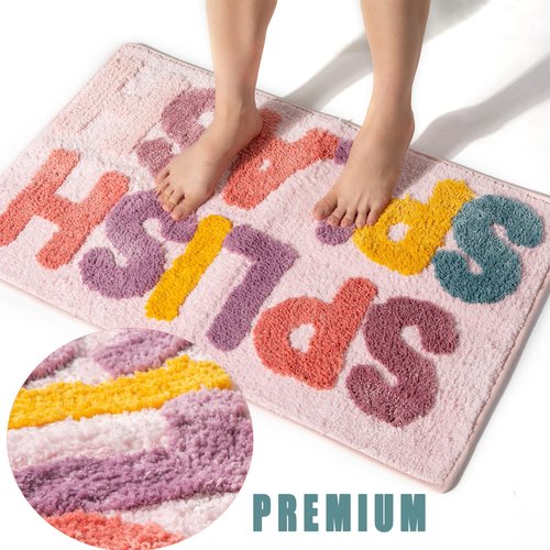 DBJOY Kids Bath Rugs Microfiber Bathroom Non-Slip Mat Washable Cute Bath Mat for Kids Modern Absorbent Funny Letters (Splish-Pink, 20"x32")