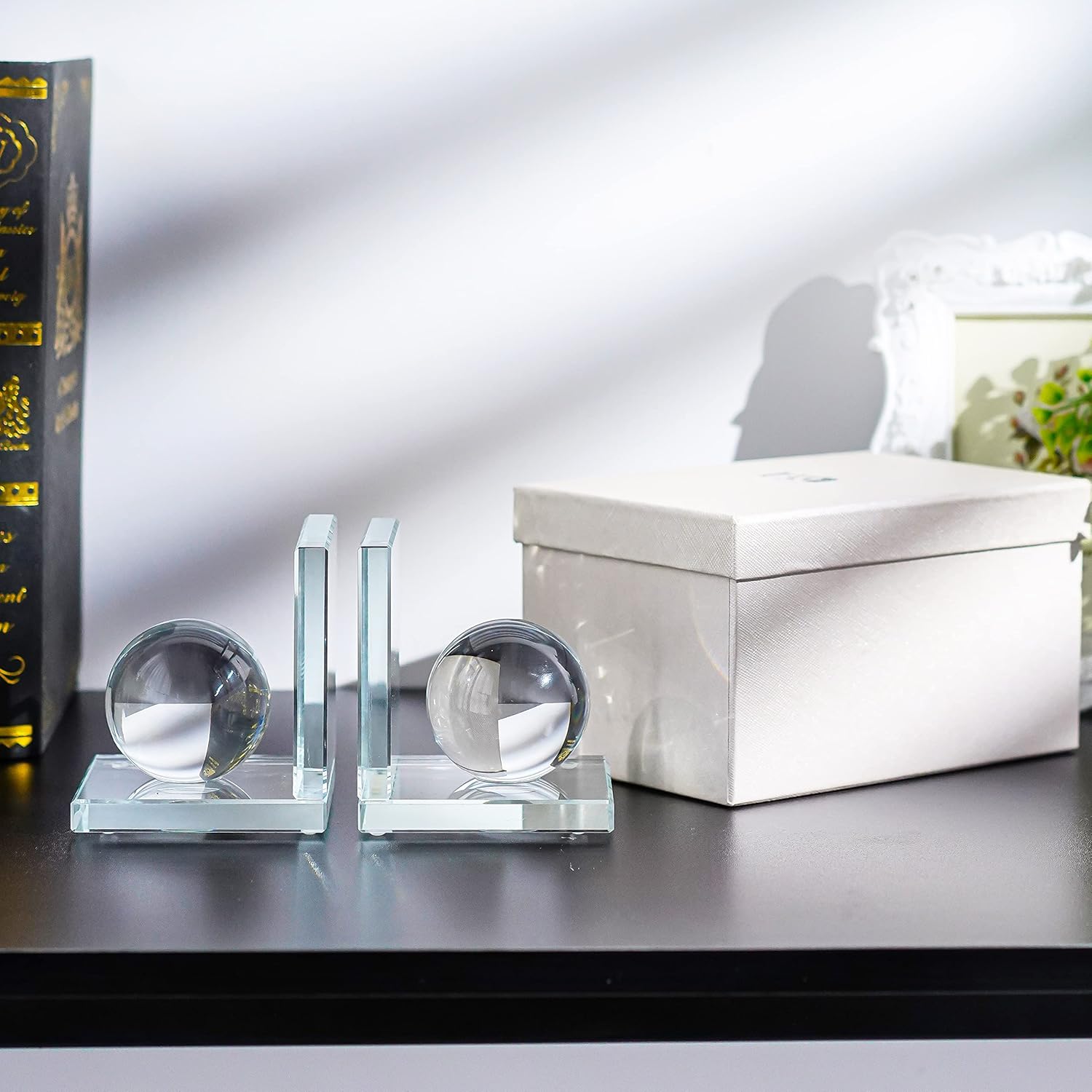 Skiennix Crystal Bookends - L-Shape Non-Skid Heavy-Duty Book Holders | 4-Inch Clear Decorative Ornaments