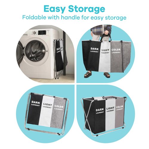 150L Laundry Cloth Hamper Sorter Basket Bin Foldable 3 Sections with stainless steel Frame Washing Storage Dirty Clothes Bag for Bathroom Bedroom Home Storage Basket (Black+Gray+Coffee)