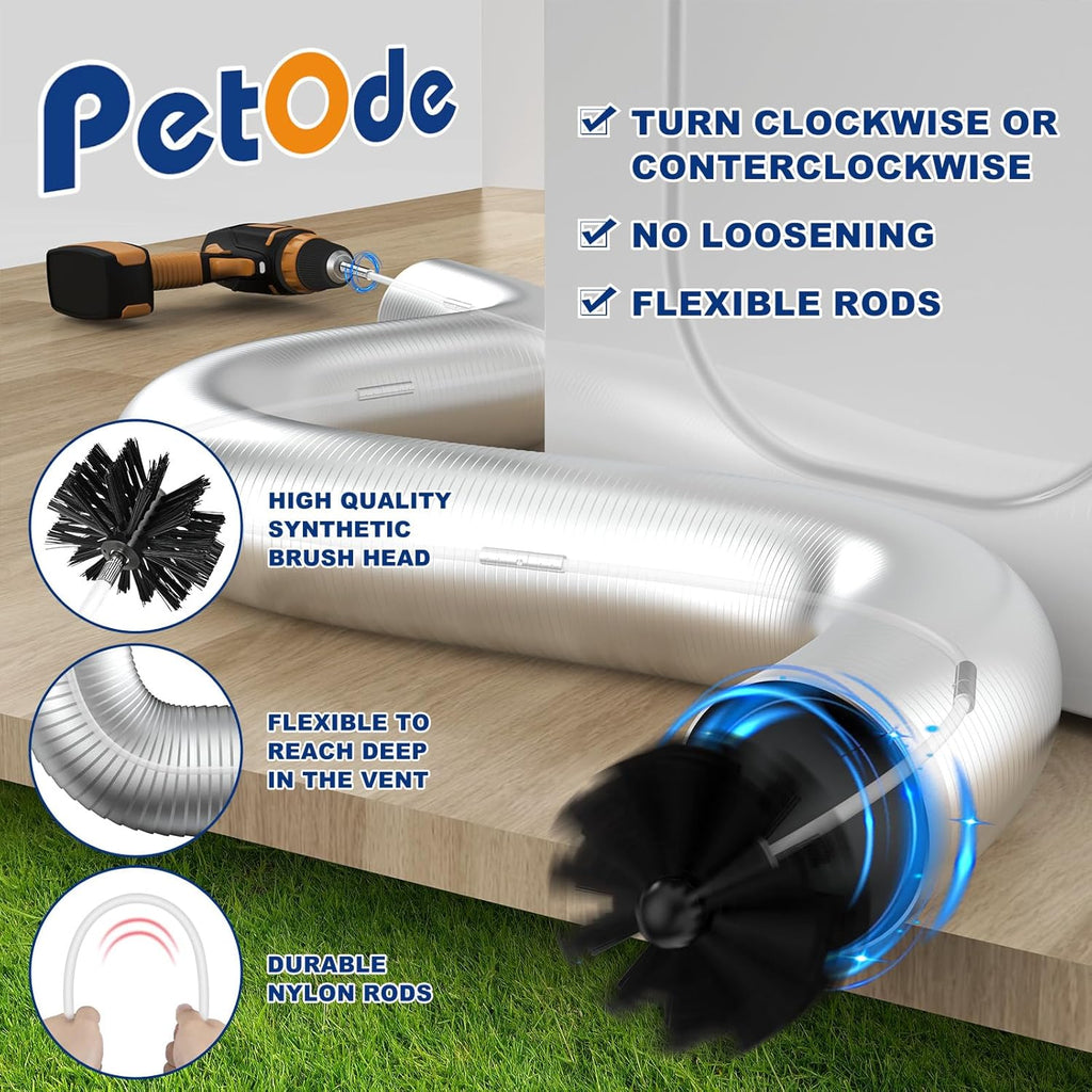PetOde 32 Feet Dryer Vent Cleaner Kit - Flexible Quick Snap Brush with Drill Attachment for 360° Cleaning
