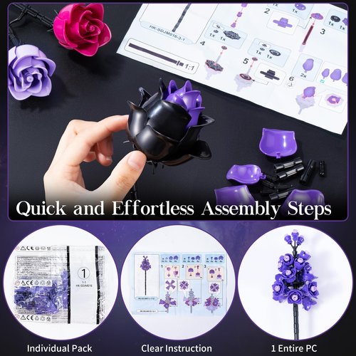 Advent Calendar 2025 for Adults Teens, 12 Purple Rose Flower Bouquet Building Blocks, 24 Days Surprise Christmas Countdown Calendar with 822 PCS Gothic Artificial Flowers Home Decor for Women Men Teen