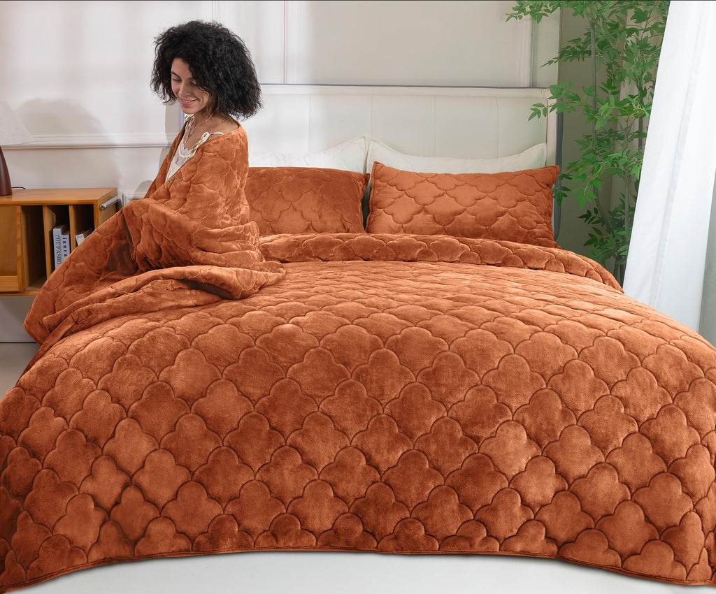 PlushHavenCloud Velvet Quilt Set Queen Size - Luxury Lightweight Velvet Bed Comforter & 2 Pillow Shams | Oversized Coverlet Bedspread 3 Piece | Oeko-TEX All Season Bedding Caramel