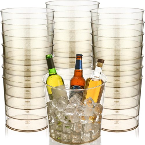 FillTouch 24 Pcs Plastic Ice Bucket 6 Liter Clear Ice Drink Wine Cooler for Wedding Large Champagne Beer Buckets Beverage Tub Soda Chiller for Party Bar Flower Vase Trash Can (Glitter Gold)