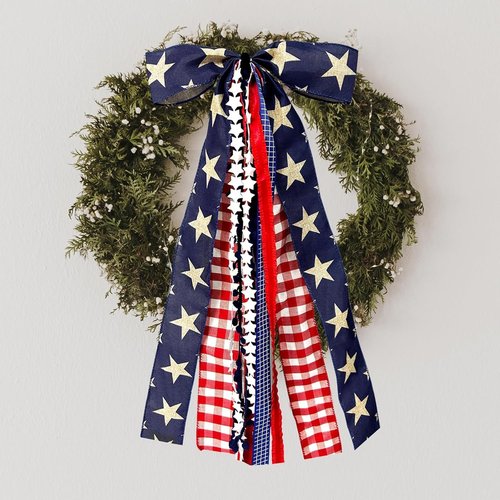 Large Patriotic Ribbon Bow - Red, White & Blue Clip-On Star Sash for 4th of July Wreaths & Decorations