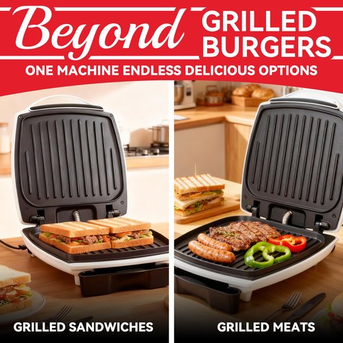 SugarWhisk 2 In 1 Hamburger Grill Maker, Electric Indoor Grill and Panini Press with Non-stick Grill Plates, 1200W, Easy to Clean and Store, White