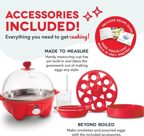 Dash Rapid Egg Cooker | Boil, Poach & Steam Up to 7 Eggs - Includes Measuring Guide & Recipes - Dishwasher Safe - Red