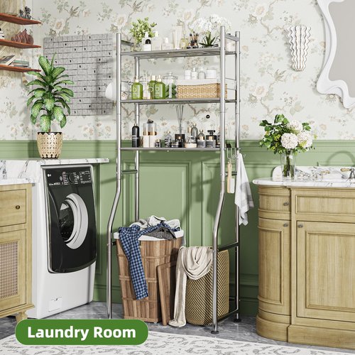 Simple Trending 3 Tier Over The Toilet Rack, Bathroom Shelves with 4 Hooks and Paper Holder, Bathroom Stand Organizer Space Saver, Chrome