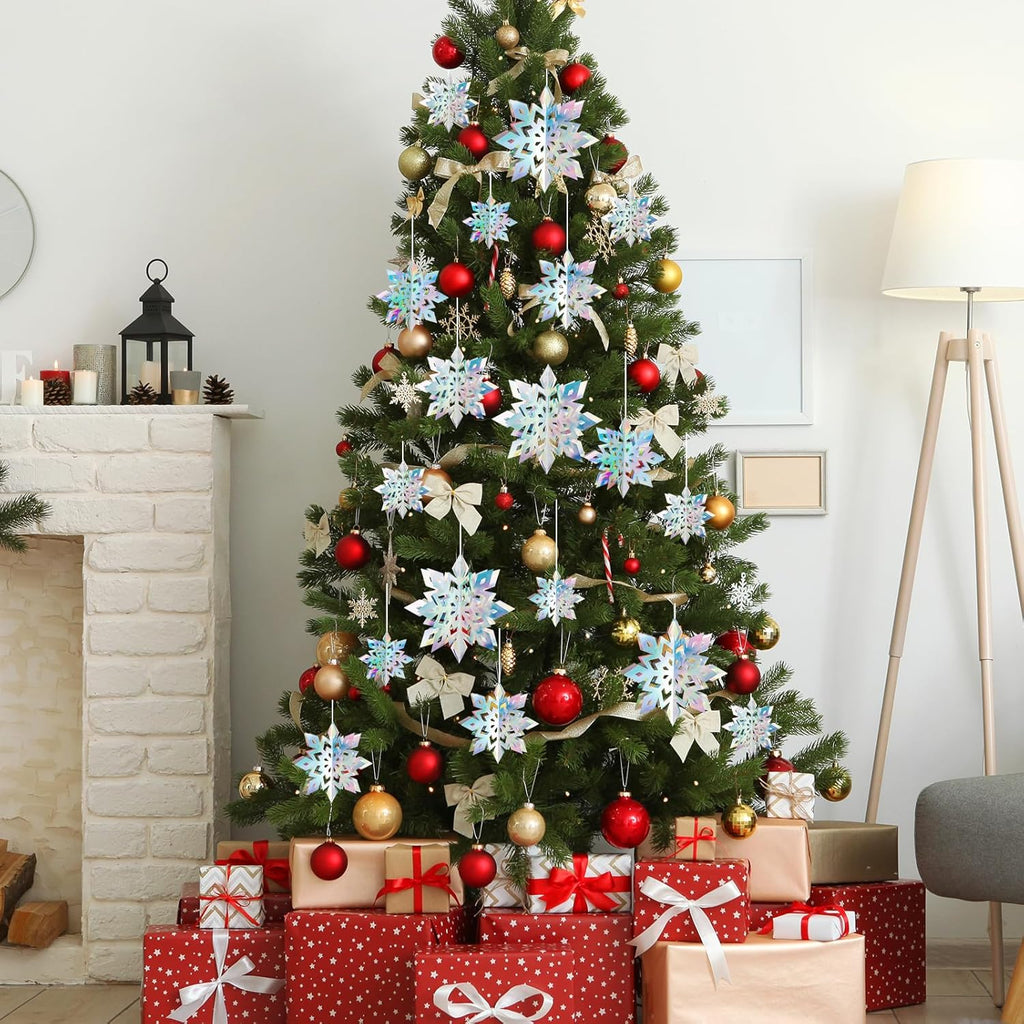Skiennix 12Pcs Winter Snowflake Ornaments - 3D Iridescent Hanging Decorations | Perfect for Holiday Home Decor