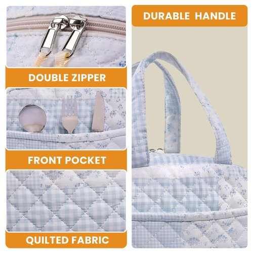 WOBAGMEN Quilted Lunch Box for Women,Coquette Aesthetic Lunch Box for Teen Girls,Cute Floral Lunch Bags for Work, School,Office,Picnic,Travel (green blue pin)
