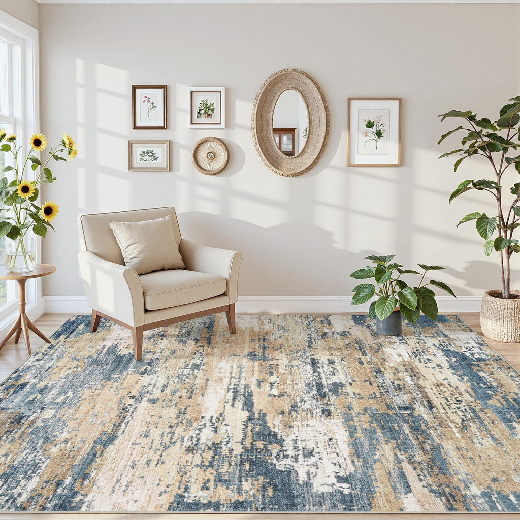 Area Rugs 5x7 Living Room: Large Soft Washable Rug Modern Abstract Anti-Skid Non-Shedding Carpet Indoor Floor Thin Carpets for Bedroom Dining Room Farmhouse Nursery Home Office Brown Blue